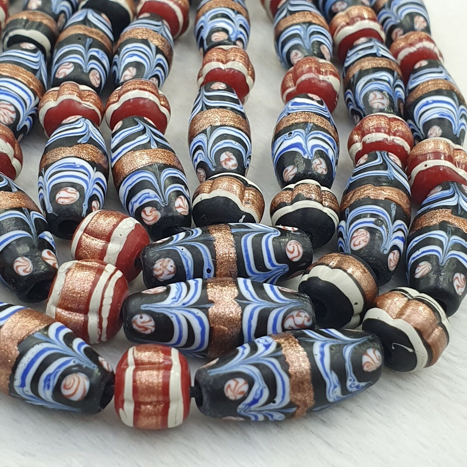 vintage Millefiori Fancy FEATHER Aventurine glass beads 25×10 MM | LONG STRAND