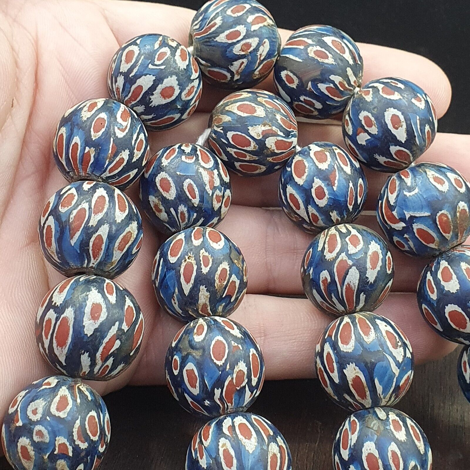 Vintage Antique Blues Gabri Red Eyes Glass Beads Strand 19mm