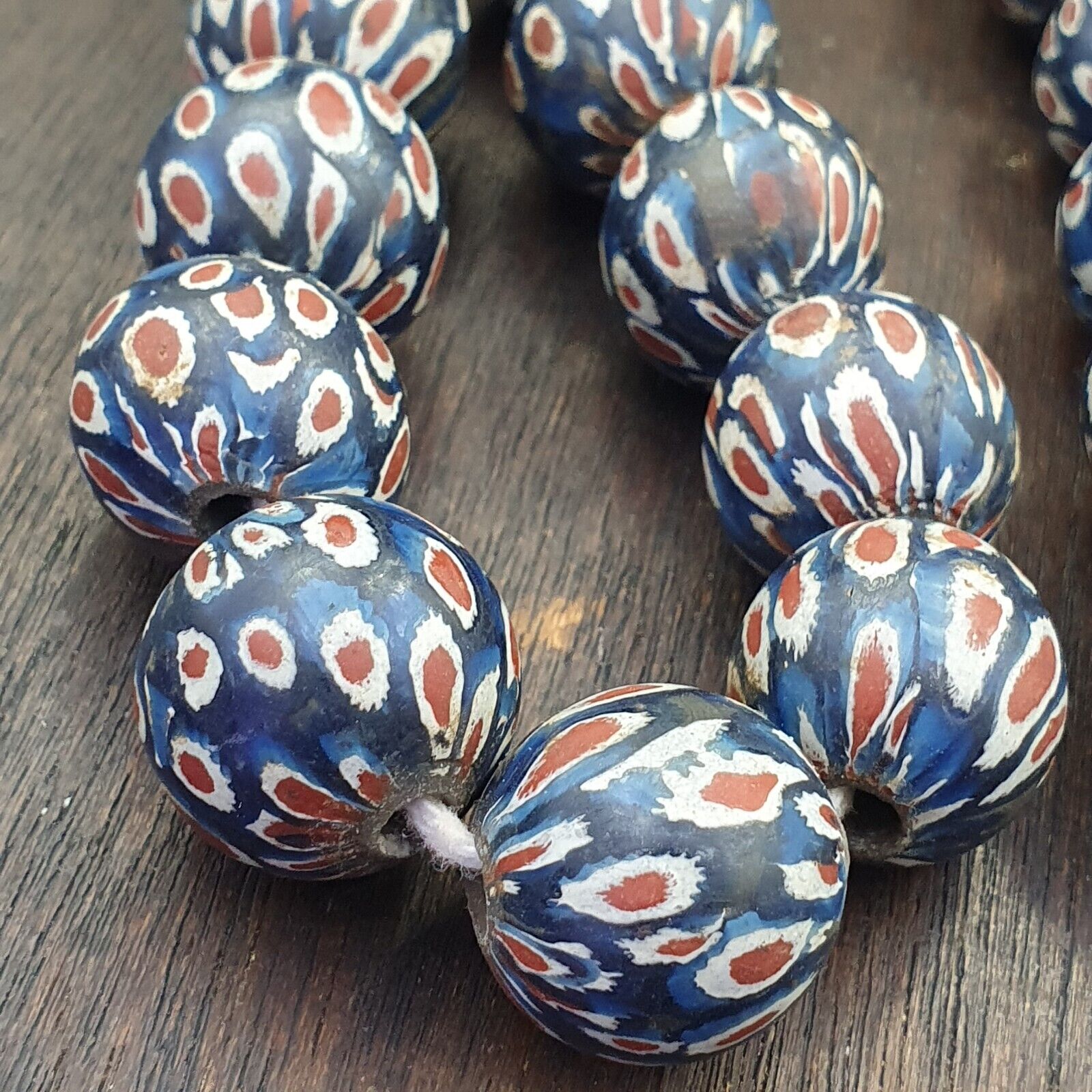 Vintage Antique Blues Gabri Red Eyes Glass Beads Strand 19mm
