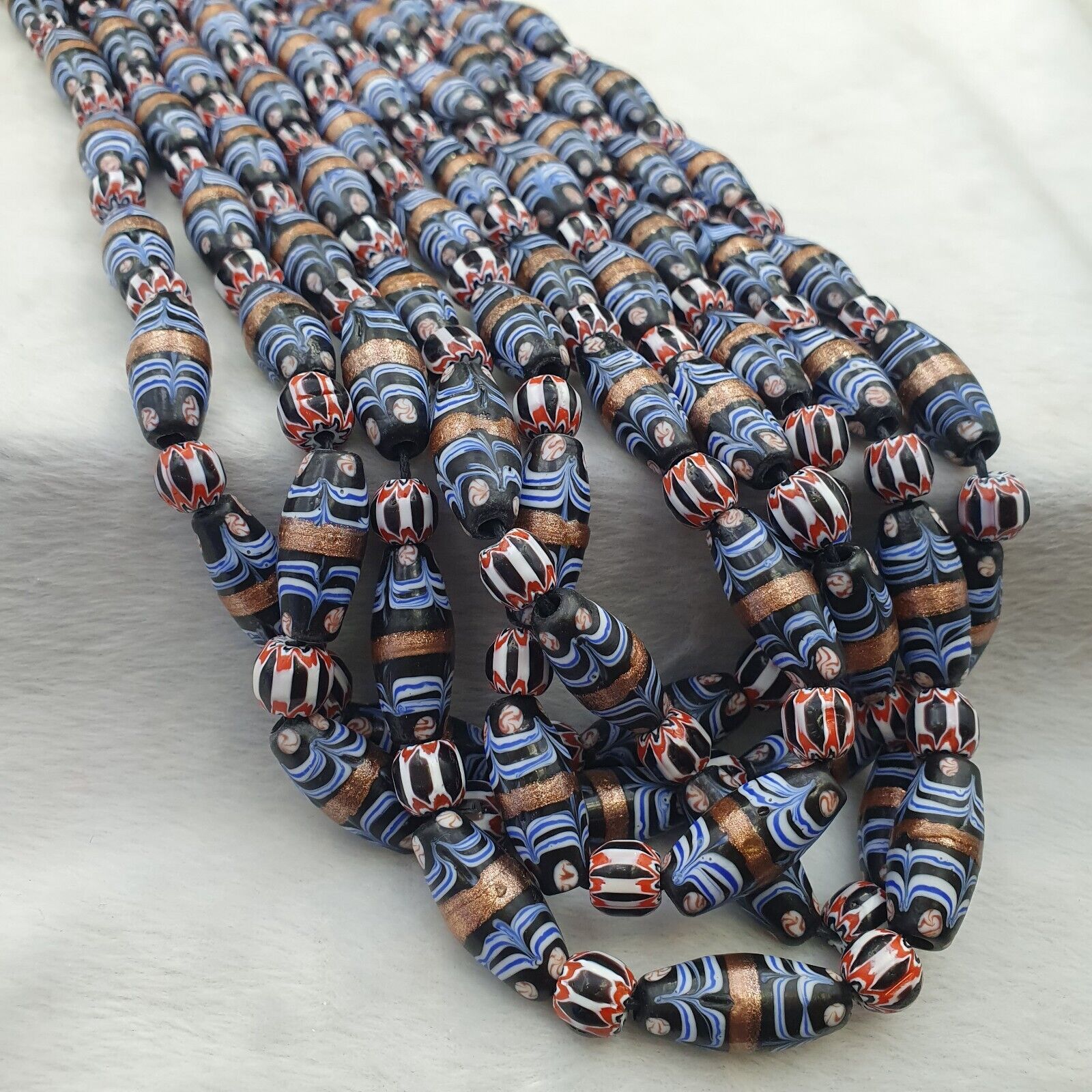 vintage Millefiori Fancy FEATHER & chevron glass beads 25×10 MM | LONG STRAND