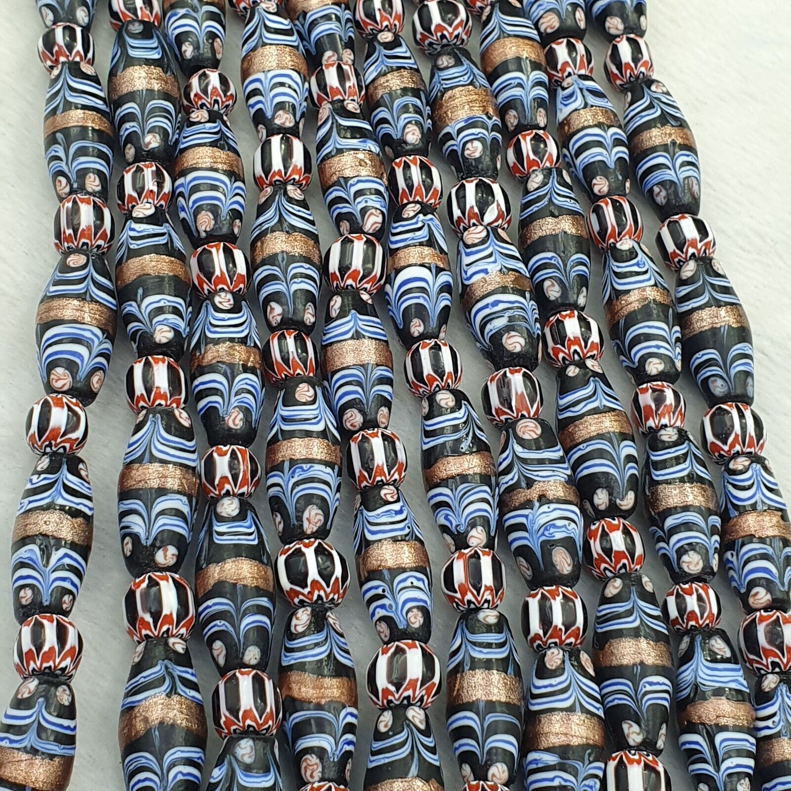 vintage Millefiori Fancy FEATHER & chevron glass beads 25×10 MM | LONG STRAND