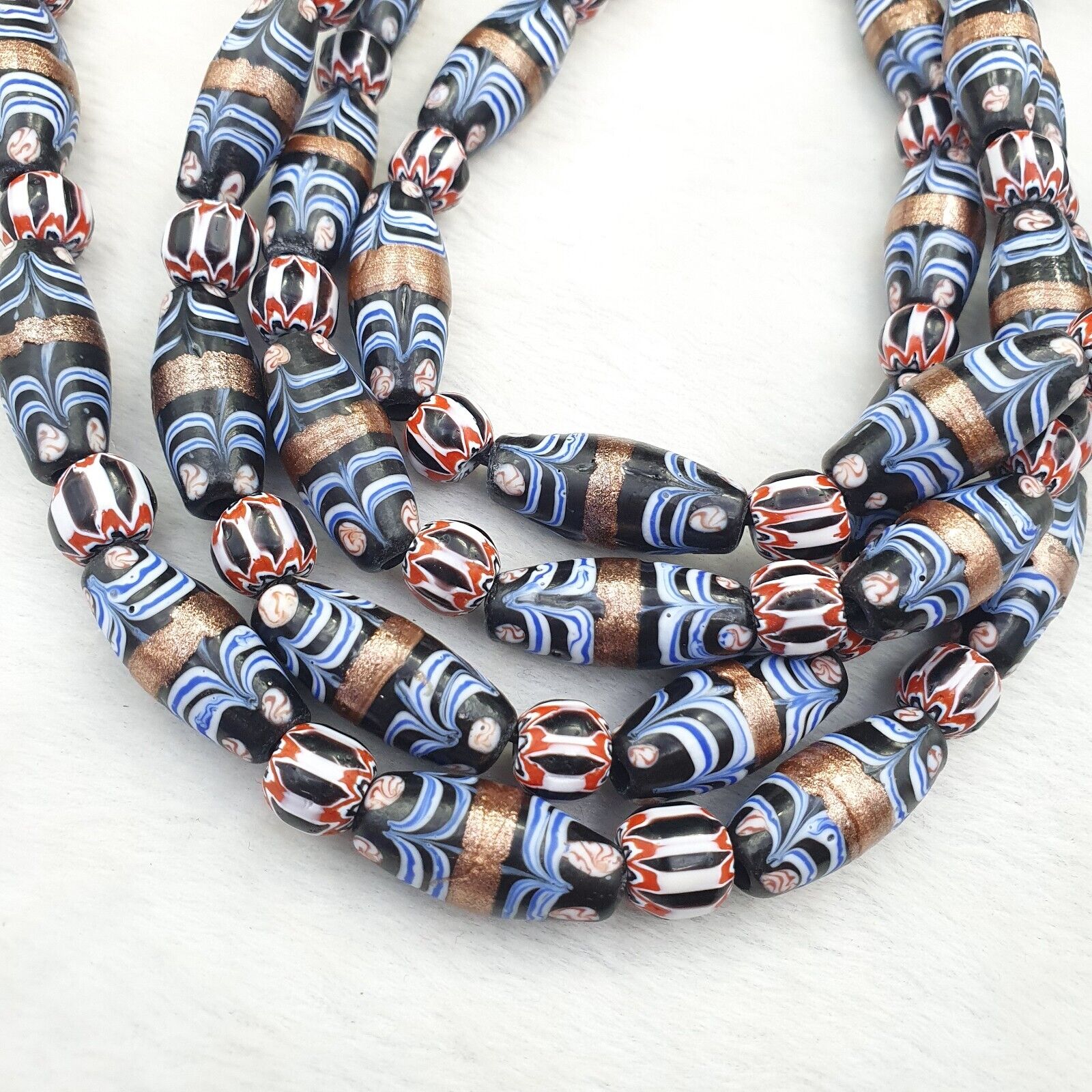 vintage Millefiori Fancy FEATHER & chevron glass beads 25×10 MM | LONG STRAND