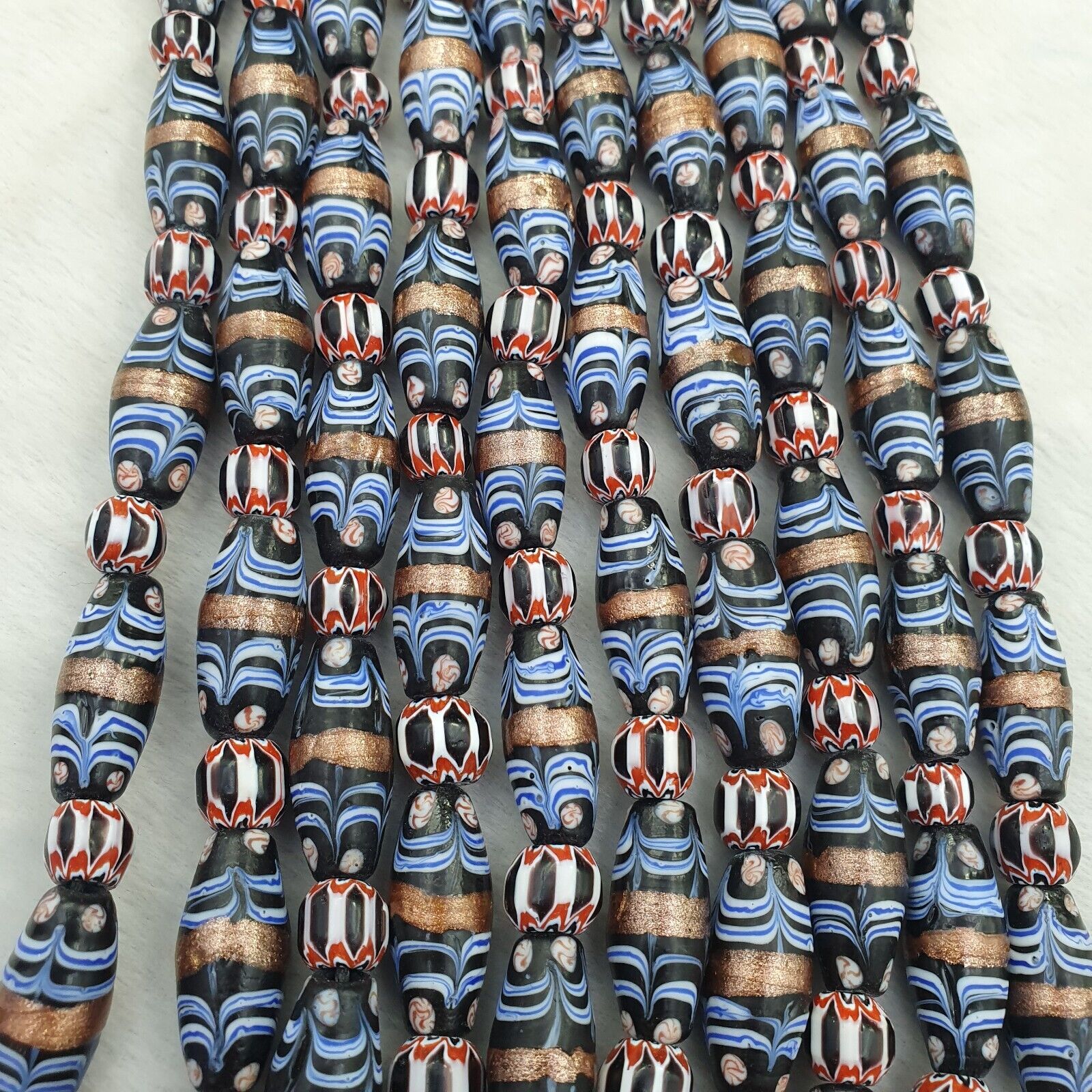 vintage Millefiori Fancy FEATHER & chevron glass beads 25×10 MM | LONG STRAND