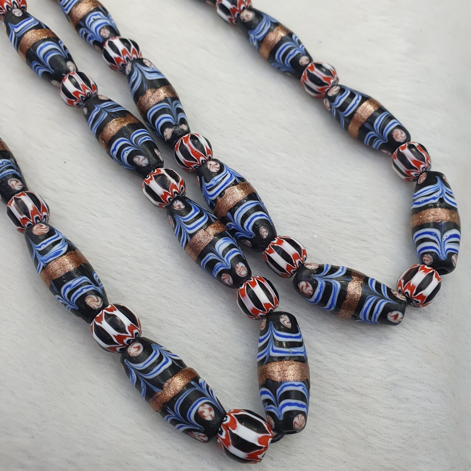 vintage Millefiori Fancy FEATHER & chevron glass beads 25×10 MM | LONG STRAND