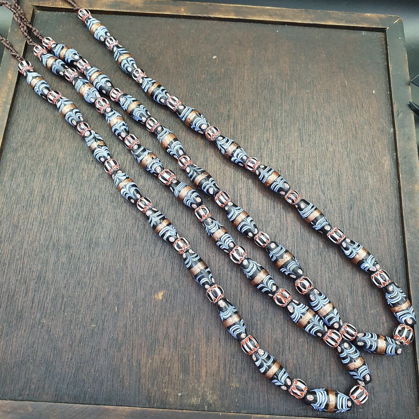 vintage Millefiori Fancy FEATHER & chevron glass beads 25×10 MM | LONG STRAND