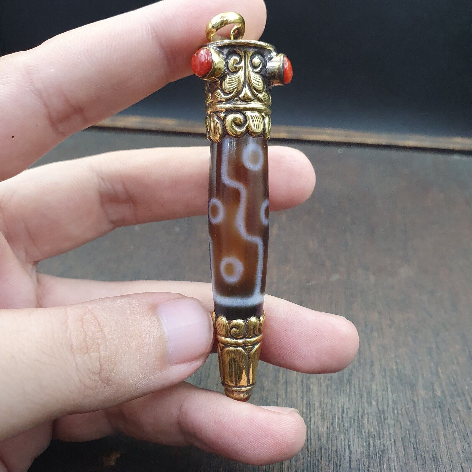 Amazing Corals Agate 9 Eyes Tibetan Nepalese dzi bead pendant  Dzi Bead Amulet