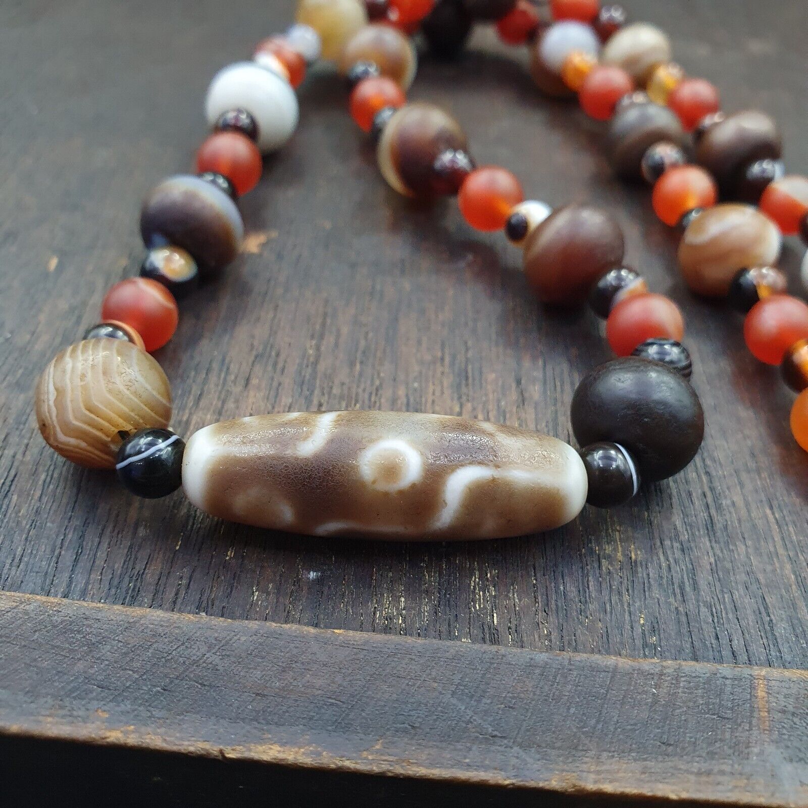 Antique 9 eyes Dzi Indo Tibetan Soleimani Agate Beads, Beaded Necklace