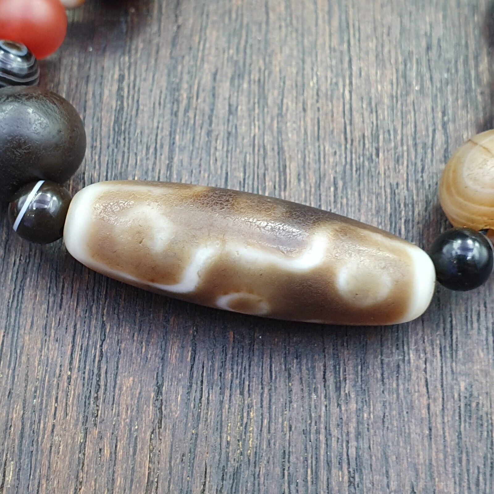 Antique 9 eyes Dzi Indo Tibetan Soleimani Agate Beads, Beaded Necklace