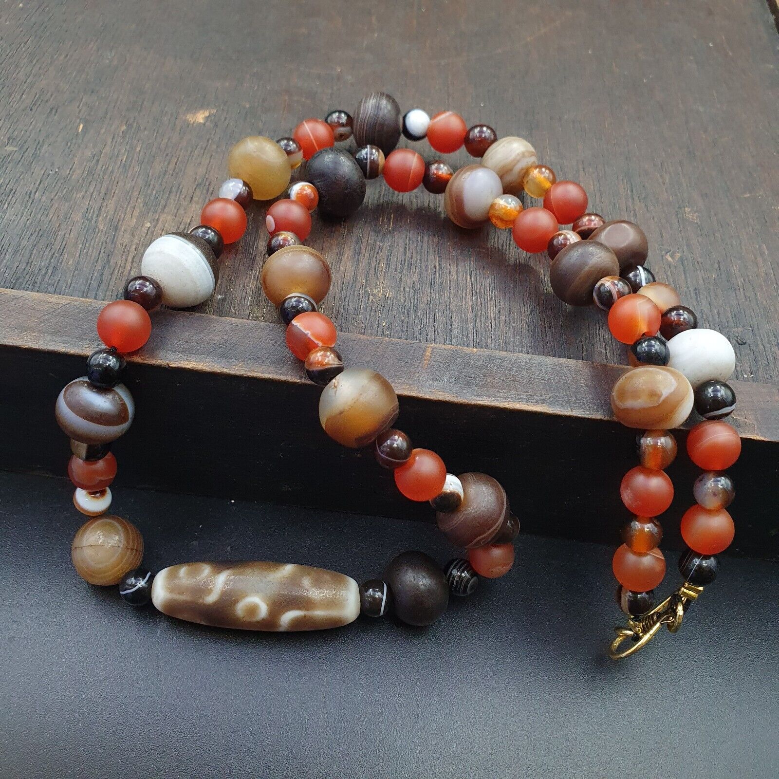 Antique 9 eyes Dzi Indo Tibetan Soleimani Agate Beads, Beaded Necklace