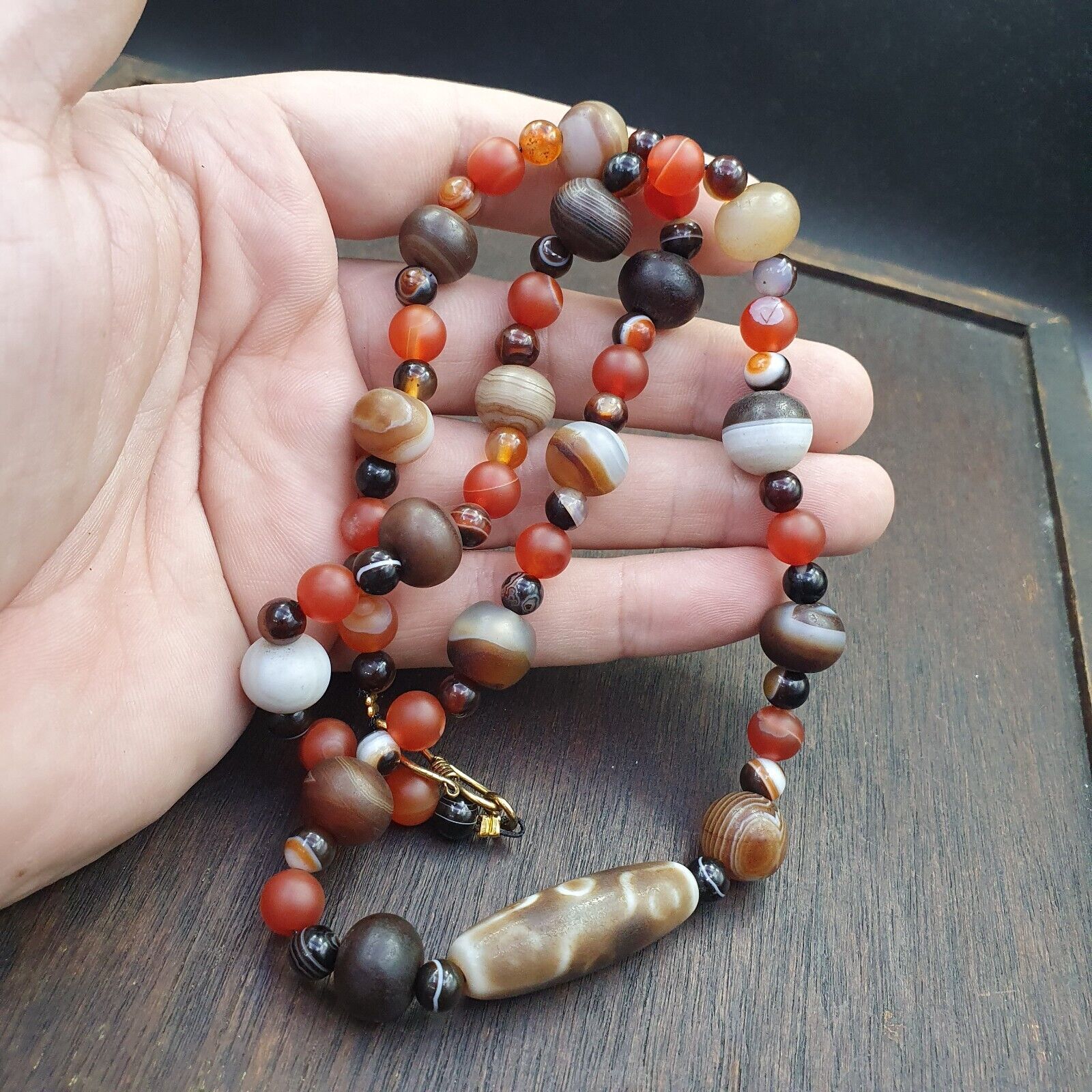 Antique 9 eyes Dzi Indo Tibetan Soleimani Agate Beads, Beaded Necklace