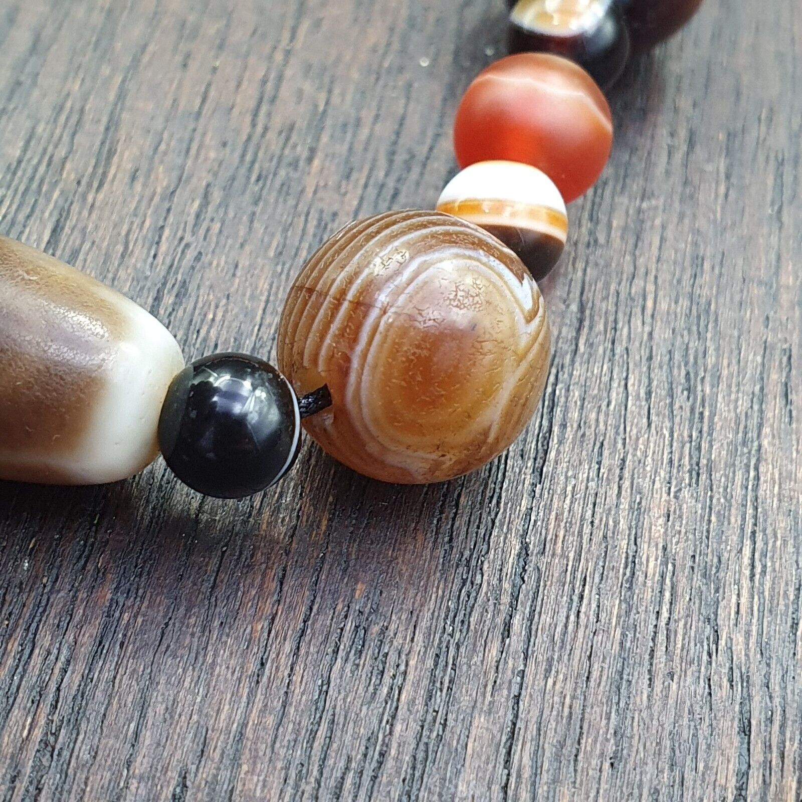 Antique 9 eyes Dzi Indo Tibetan Soleimani Agate Beads, Beaded Necklace