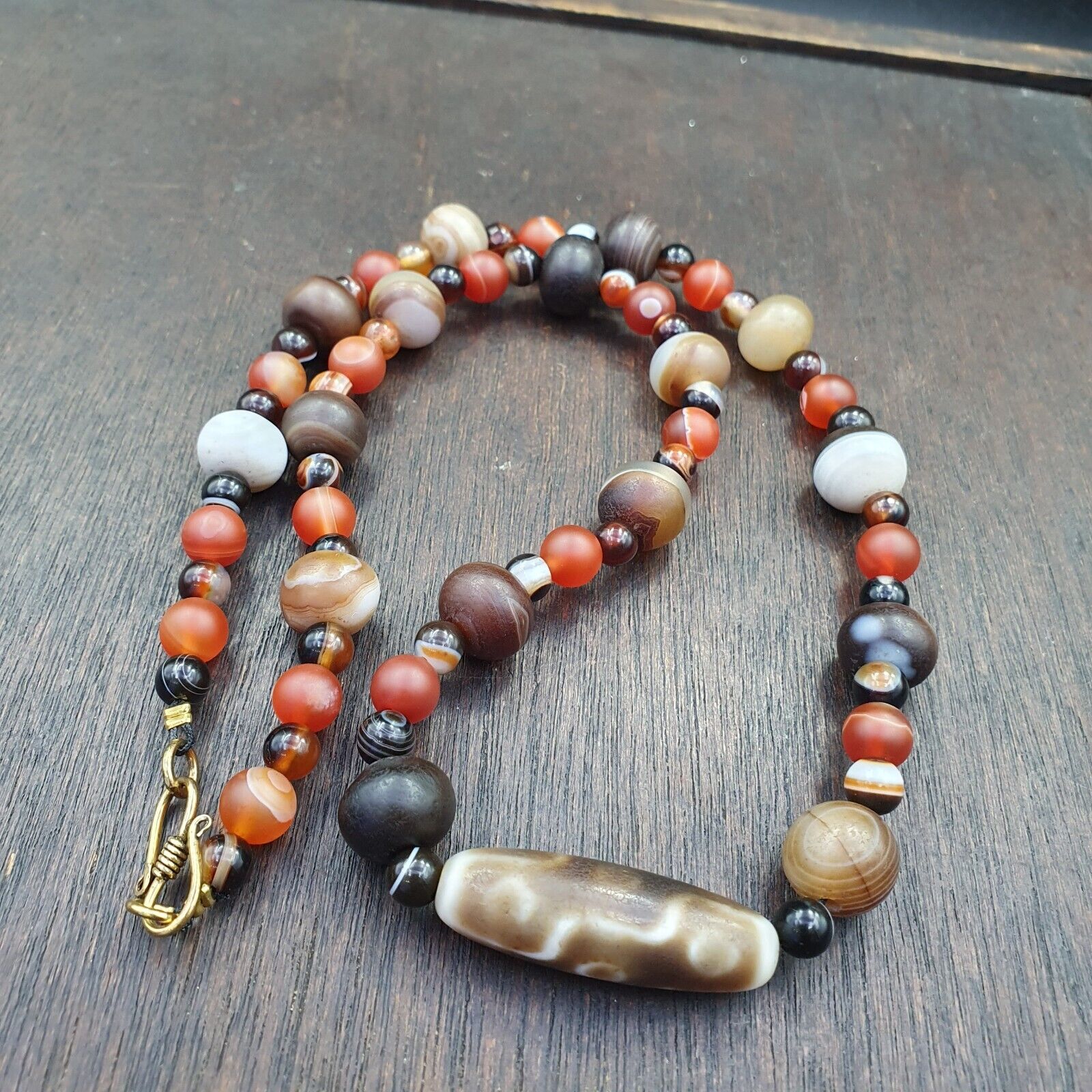 Antique 9 eyes Dzi Indo Tibetan Soleimani Agate Beads, Beaded Necklace