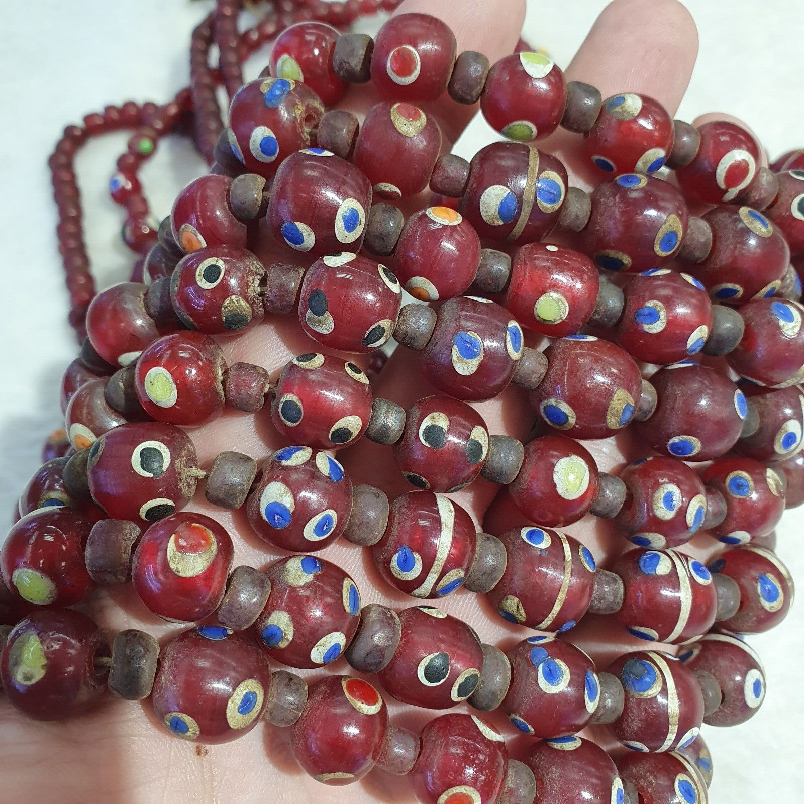 Vintage Thousand Eyes Skunk Trade beads Blue eye beads long 36 inches Necklace