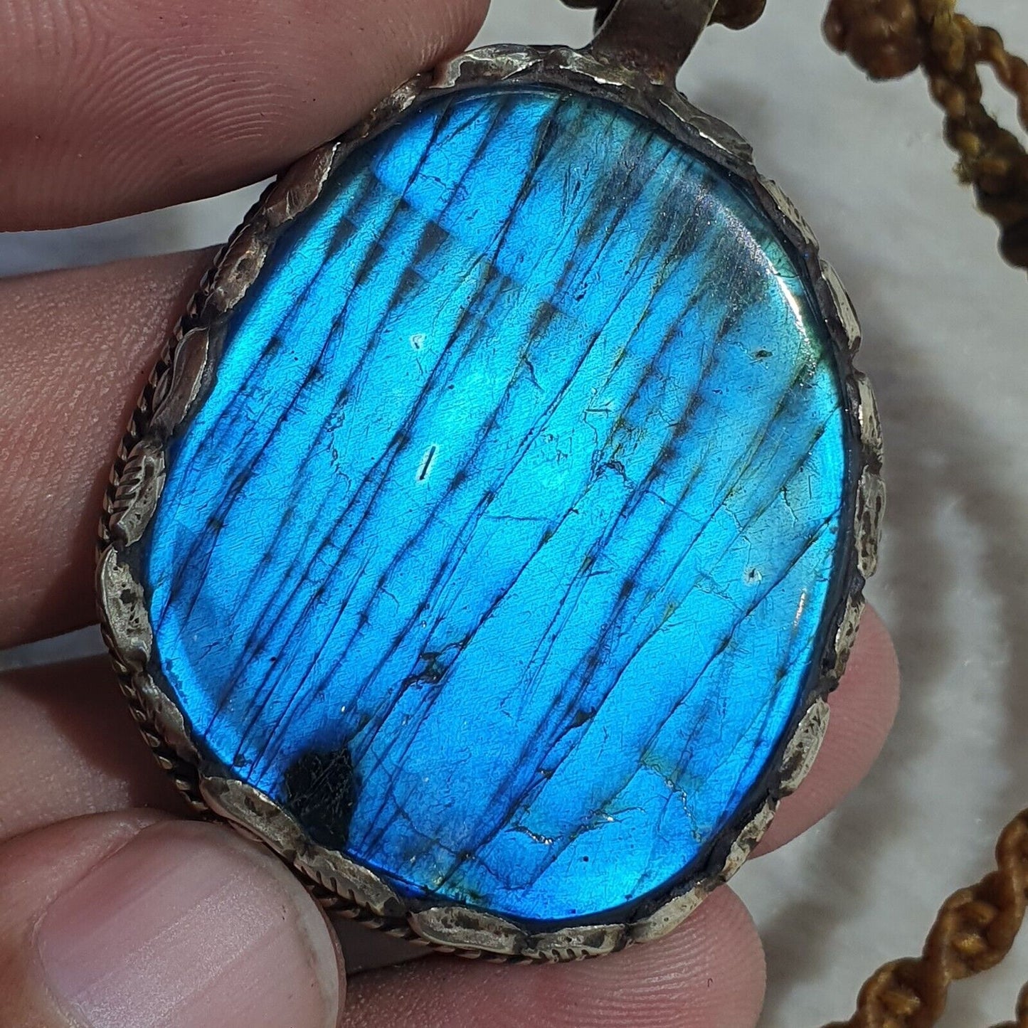GROSSE HERREN-Halskette mit natürlichem blauen Feuer-Labradorit-Mix-SILBER-Anhänger im VINTAGE-Stil