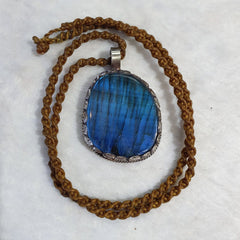 BIG MEN'S VINTAGE Natural Blue Fire Labradorite Mix SILVER Pendant Necklace
