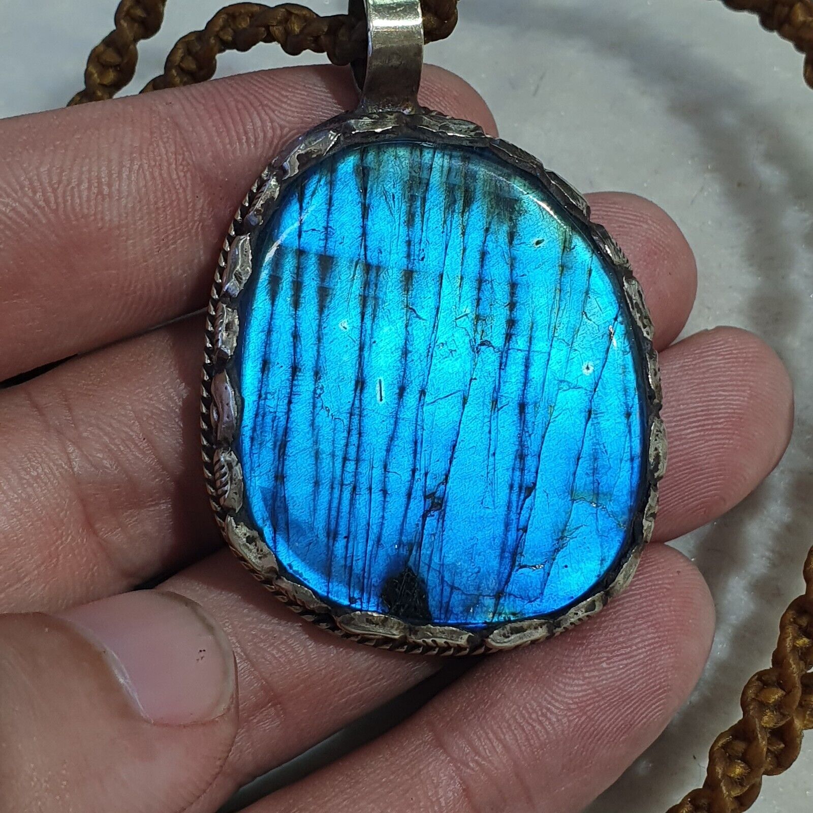 BIG MEN'S VINTAGE Natural Blue Fire Labradorite Mix SILVER Pendant Necklace