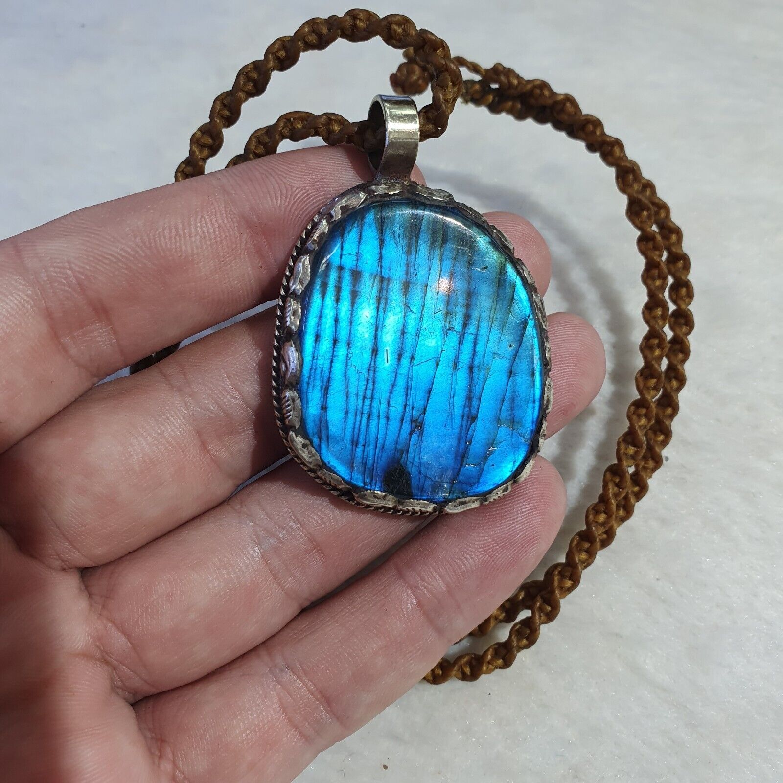 BIG MEN'S VINTAGE Natural Blue Fire Labradorite Mix SILVER Pendant Necklace