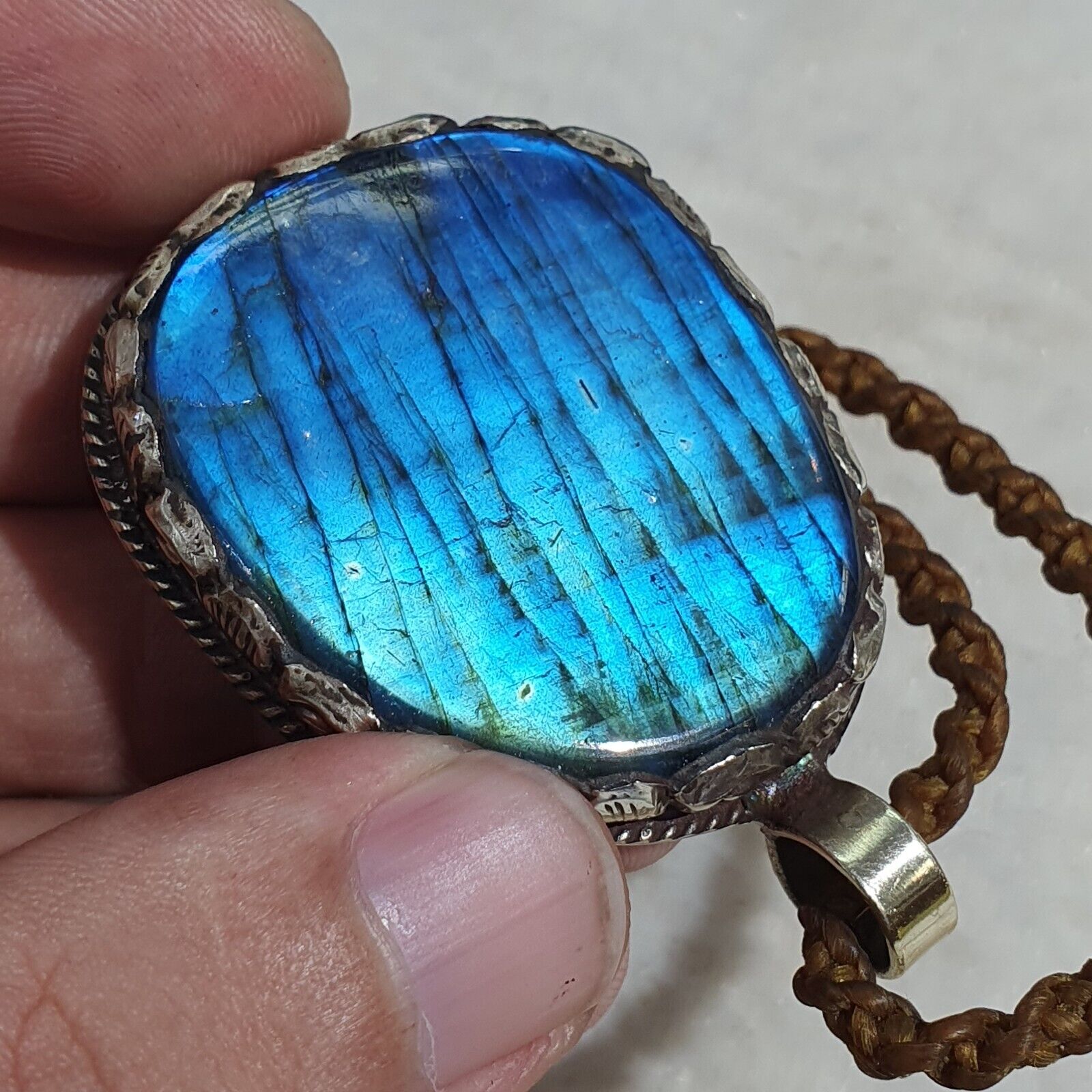 BIG MEN'S VINTAGE Natural Blue Fire Labradorite Mix SILVER Pendant Necklace