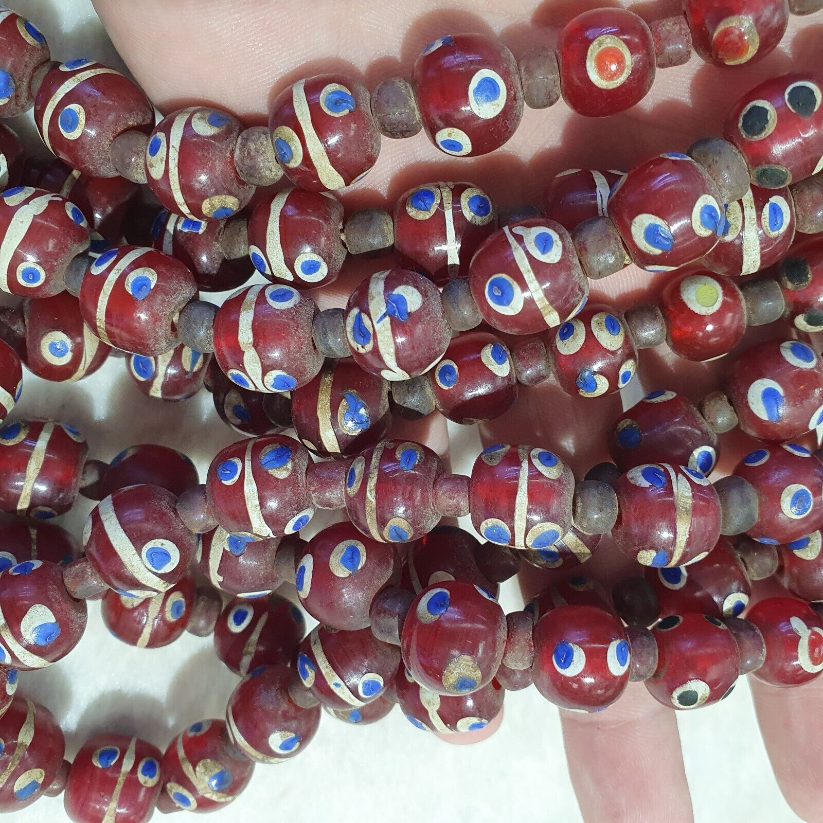 Vintage Thousand Eyes Skunk Trade beads Blue eye beads long 36 inches Necklace