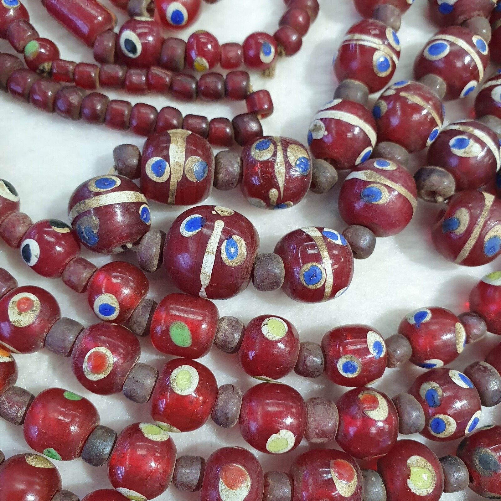 Vintage Thousand Eyes Skunk Trade beads Blue eye beads long 36 inches Necklace