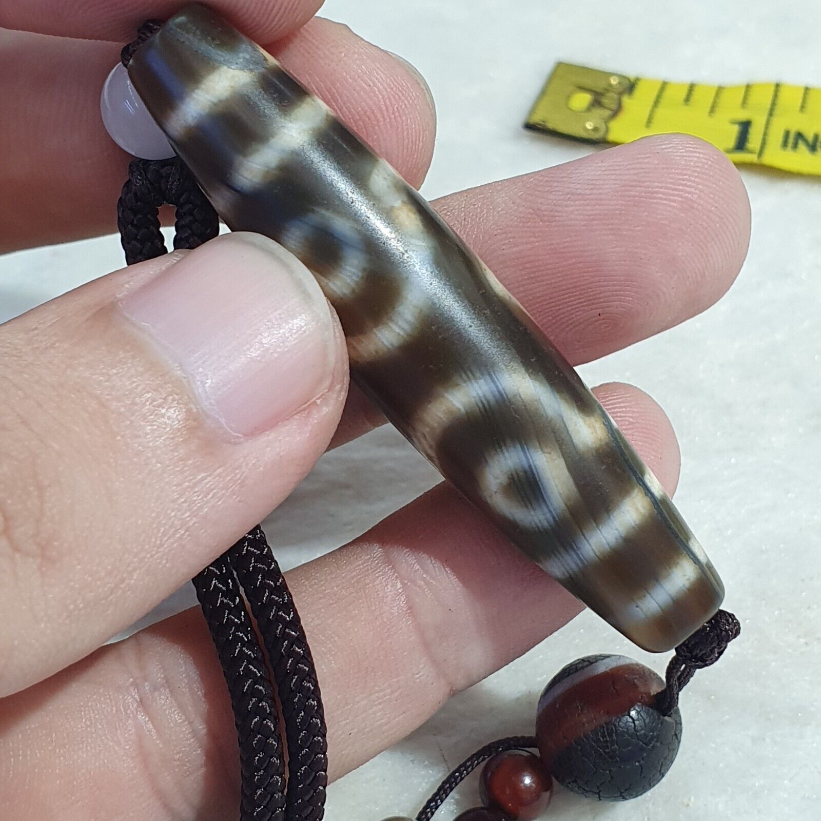 Vintage Old Tibetan 3Circle Eyes in eye 3 Lines Agate stone Dzi Bead Amulet
