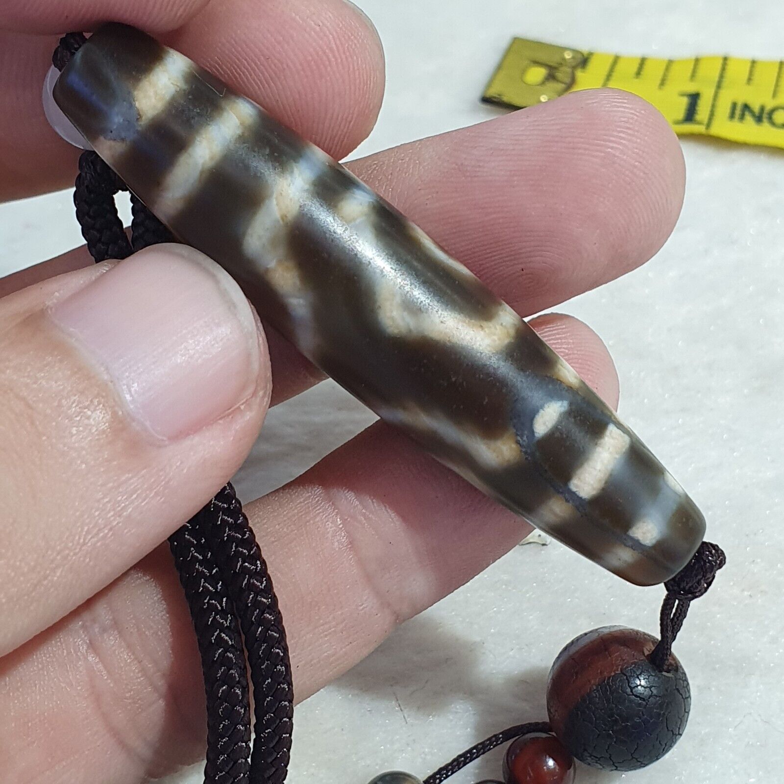 Vintage Old Tibetan 3Circle Eyes in eye 3 Lines Agate stone Dzi Bead Amulet