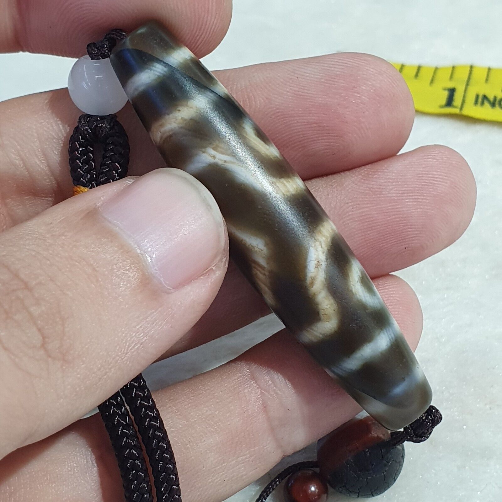 Vintage Old Tibetan 3Circle Eyes in eye 3 Lines Agate stone Dzi Bead Amulet