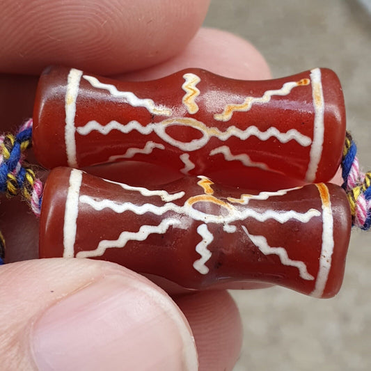 1ET-2pcs Antique HIMALAYAN Indo Tibetan Central Asian Etched Agate beads Necklace