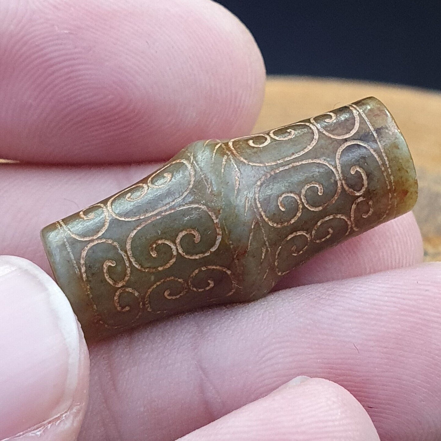 中國早期綠色玉珠吊墜海天玉證書已提供-4236