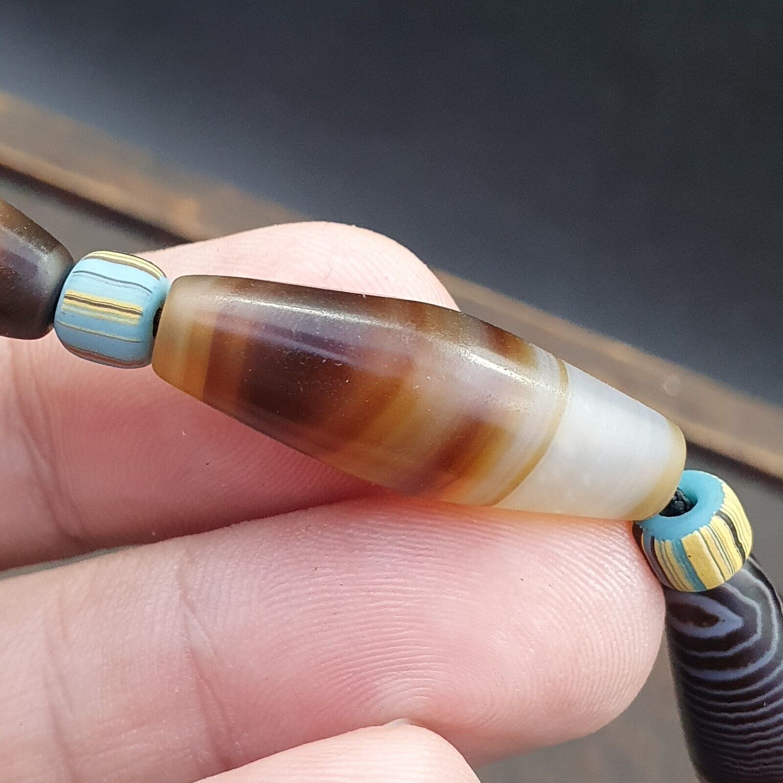 Antique Yemeni Middle Eastern Agate Eyes Patterns Suleimani Agate Necklace