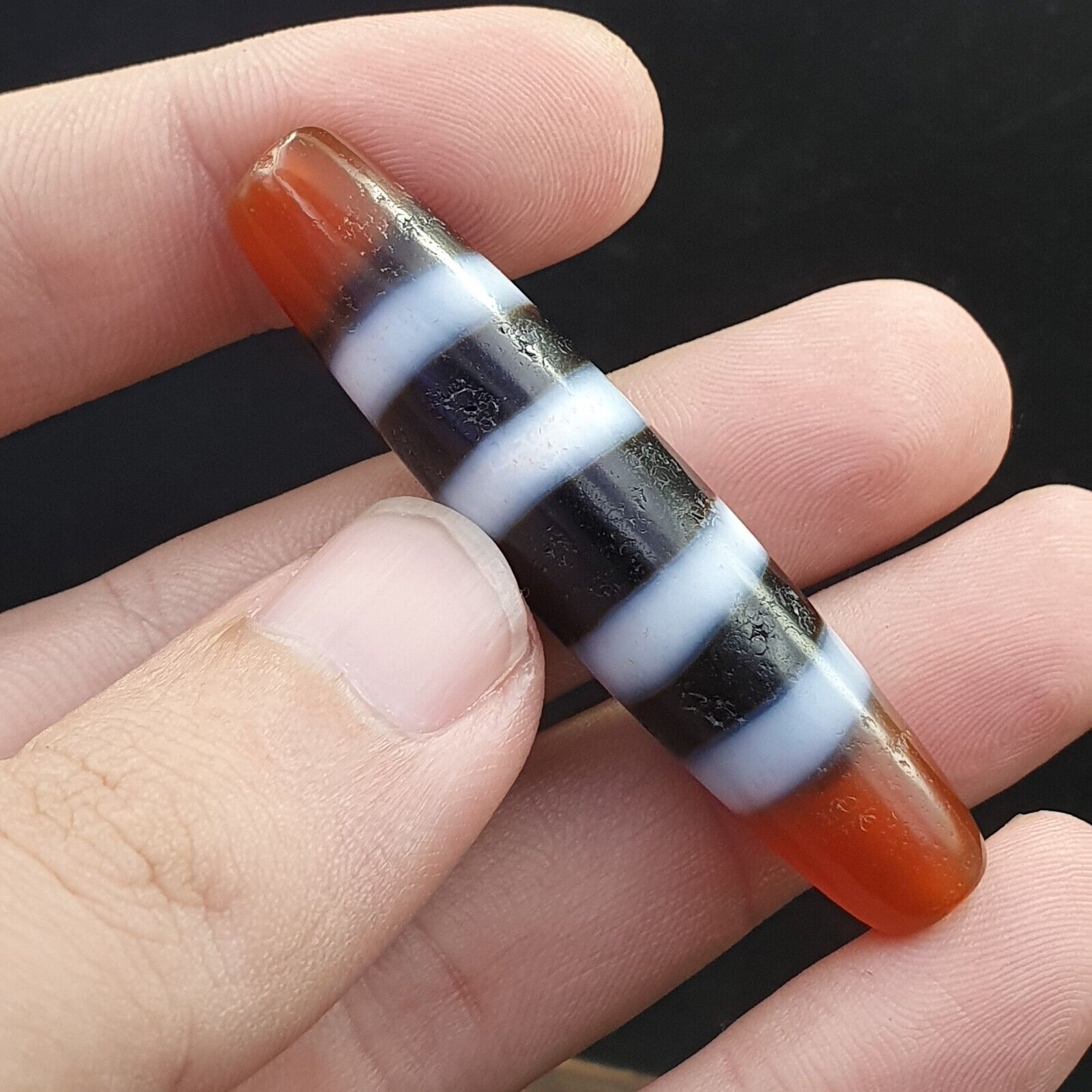 Antique Himalayan Indo Tibetan rare 4 LINES Agate Dzi Amulet Bead