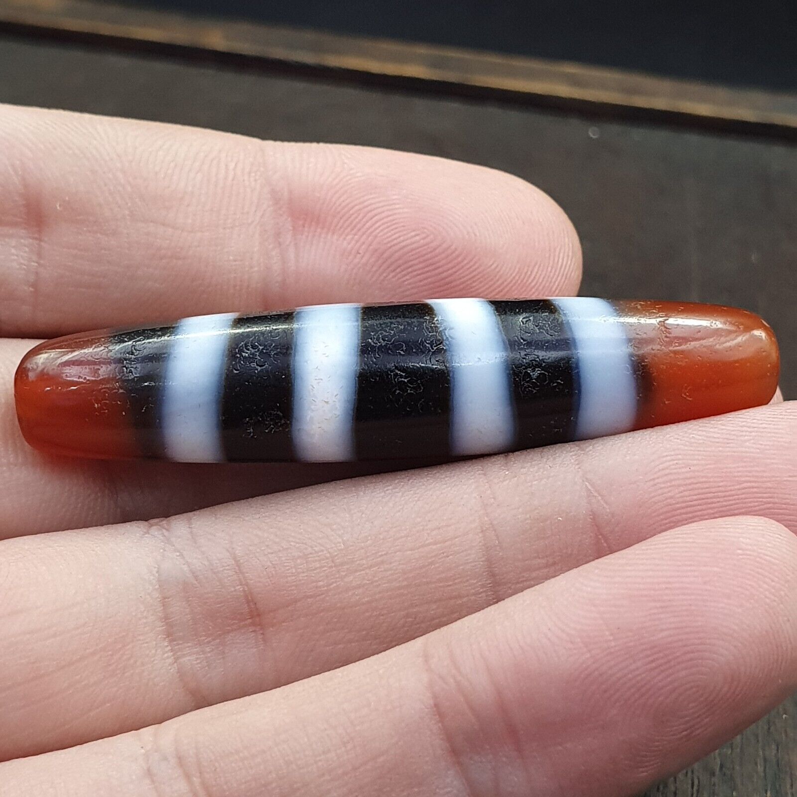 Antique Himalayan Indo Tibetan rare 4 LINES Agate Dzi Amulet Bead