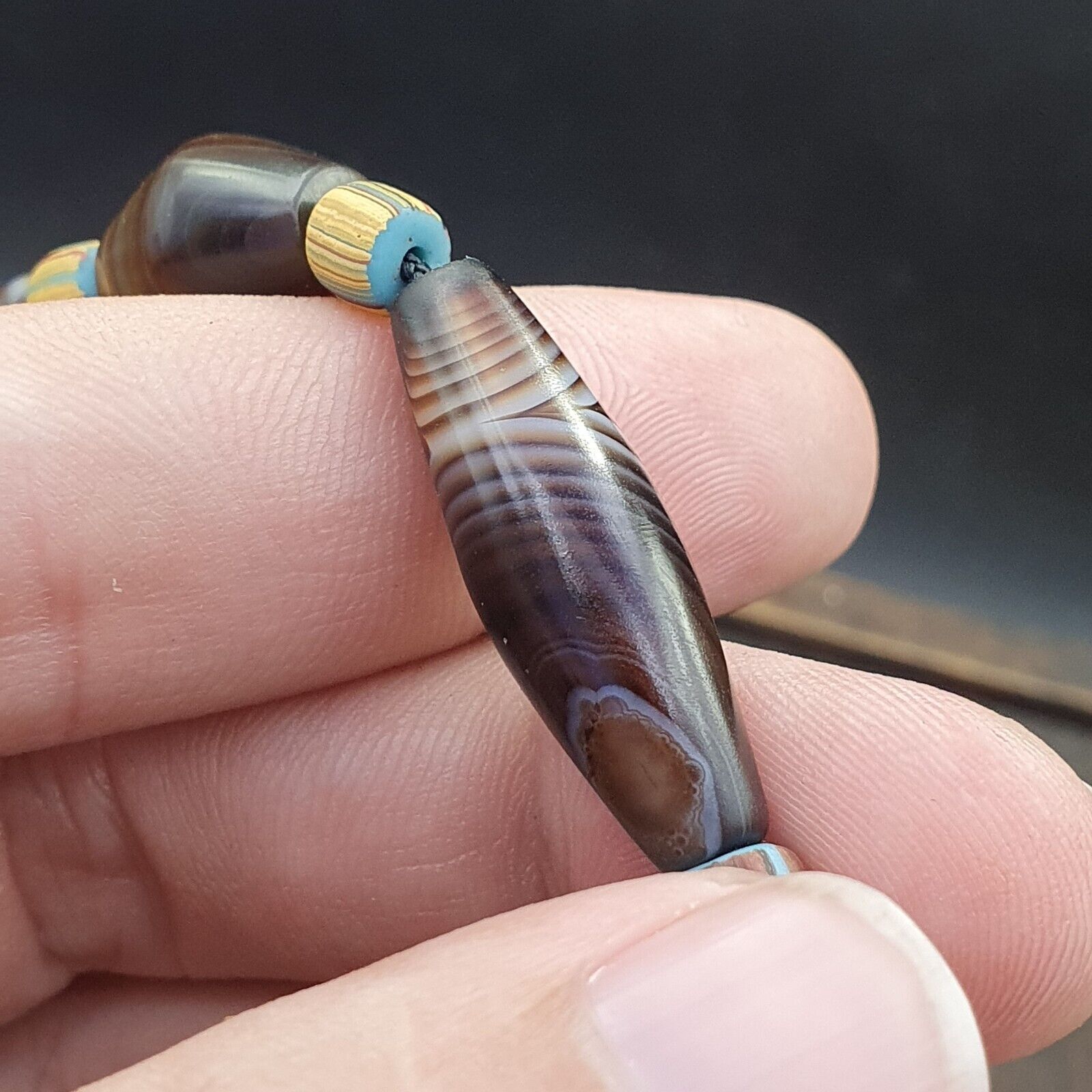 Antique Yemeni Middle Eastern Agate Eyes Patterns Suleimani Agate Necklace