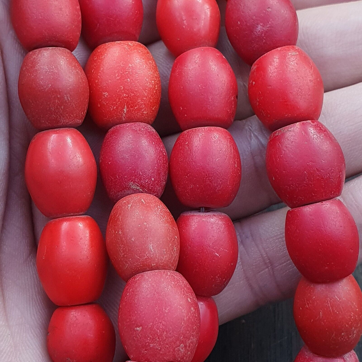 African Antique Trade Beads Old Red Glass Beads long Strand 12-14mm
