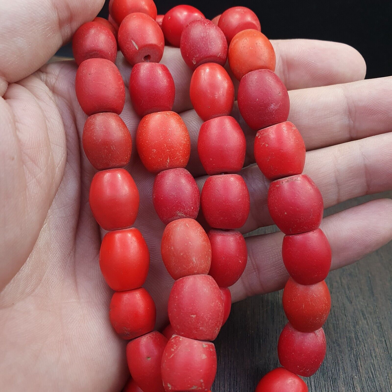 African Antique Trade Beads Old Red Glass Beads long Strand 12-14mm
