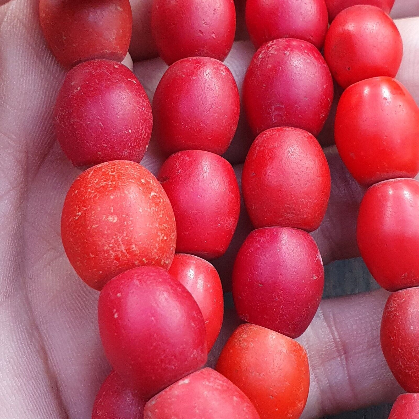 African Antique Trade Beads Old Red Glass Beads long Strand 12-14mm