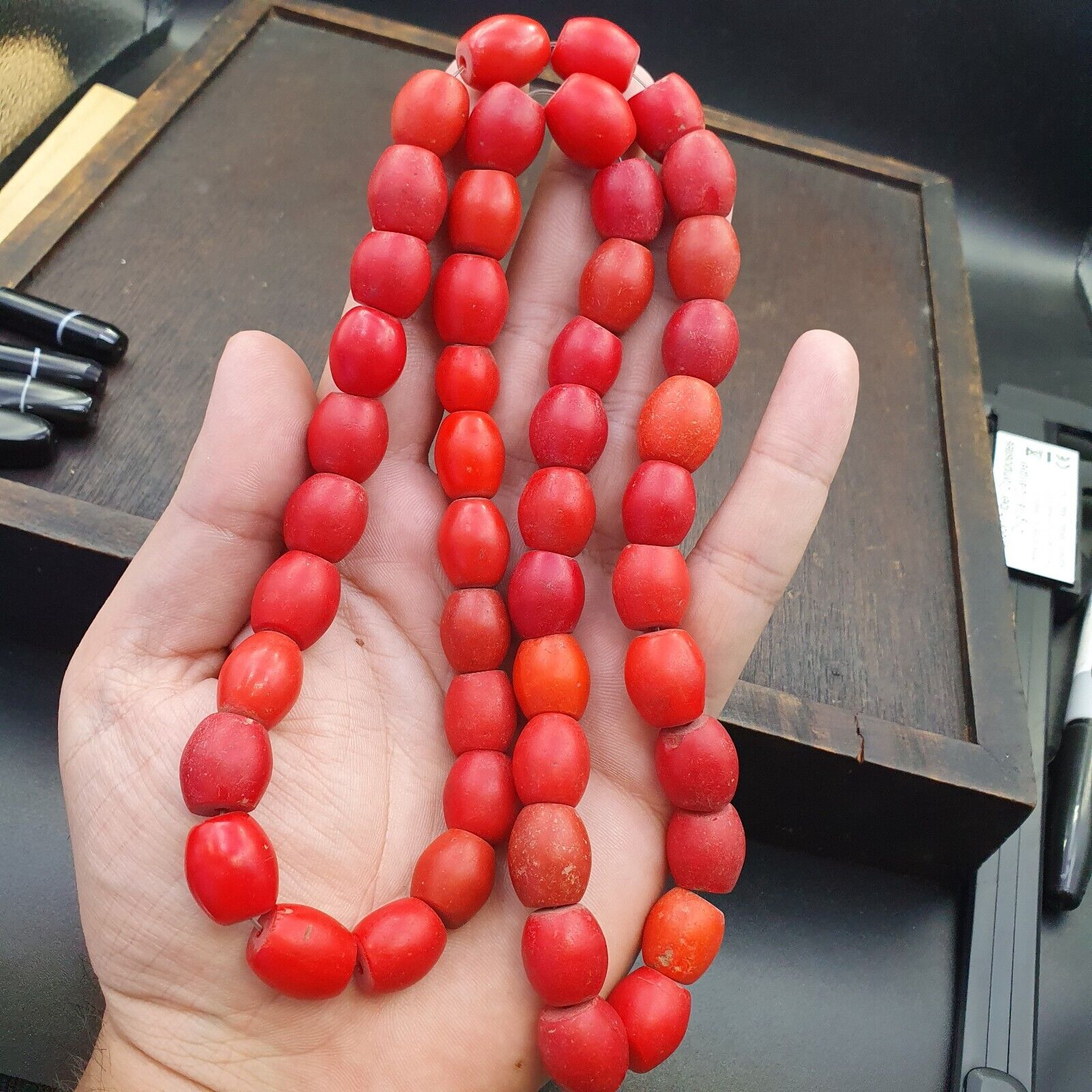 African Antique Trade Beads Old Red Glass Beads long Strand 12-14mm