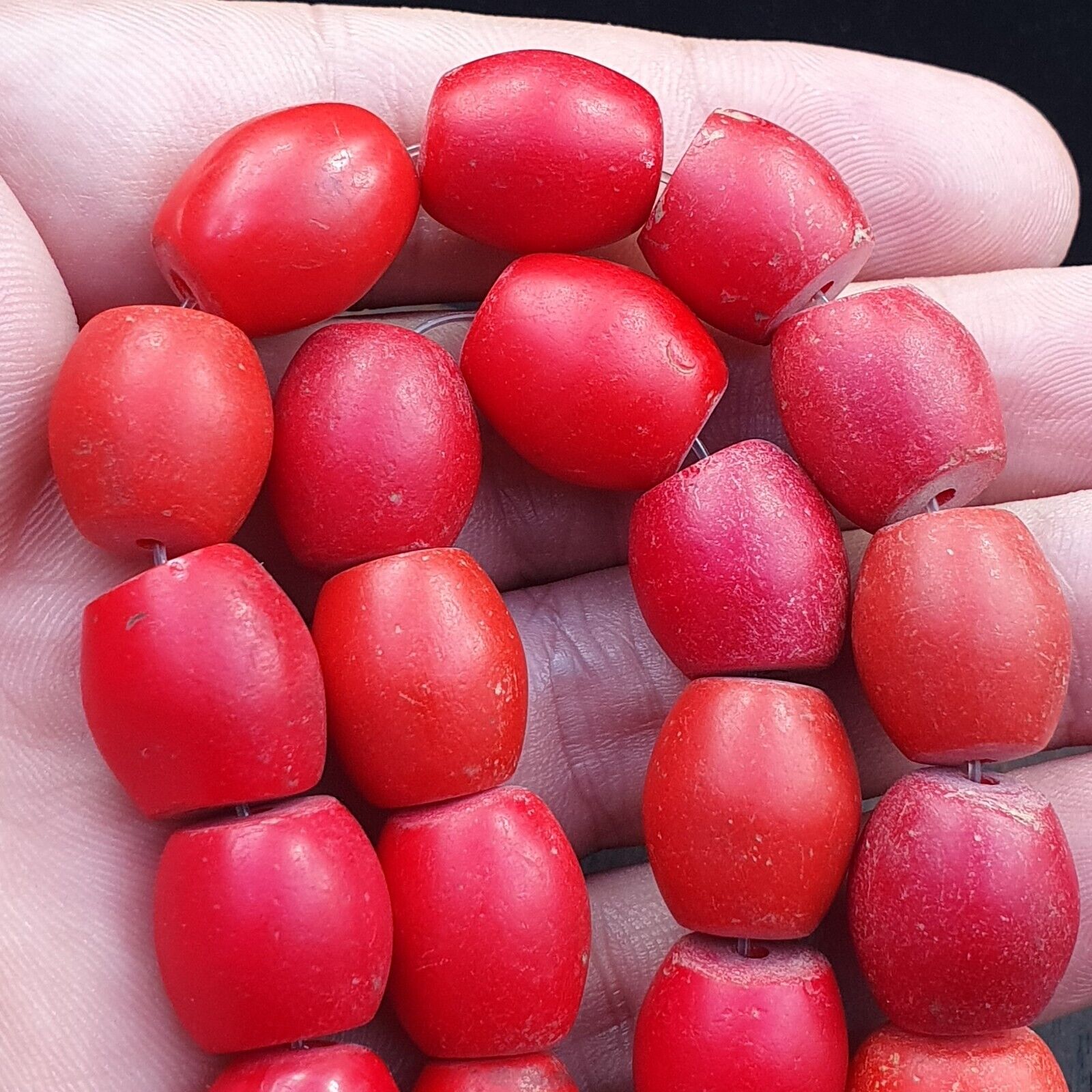 African Antique Trade Beads Old Red Glass Beads long Strand 12-14mm