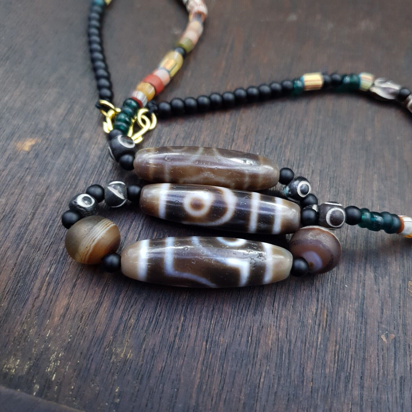 Antique Tibetan Nepalese Eyes Antique Agate Suleimani & Dzi Bead Amulet Necklace