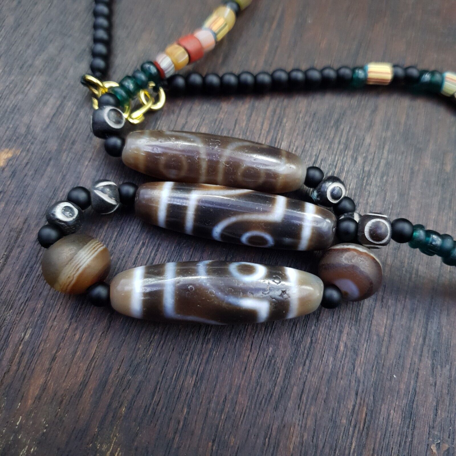 Antique Tibetan Nepalese Eyes Antique Agate Suleimani & Dzi Bead Amulet Necklace