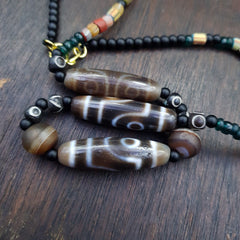 Antique Tibetan Nepalese Eyes Antique Agate Suleimani & Dzi Bead Amulet Necklace