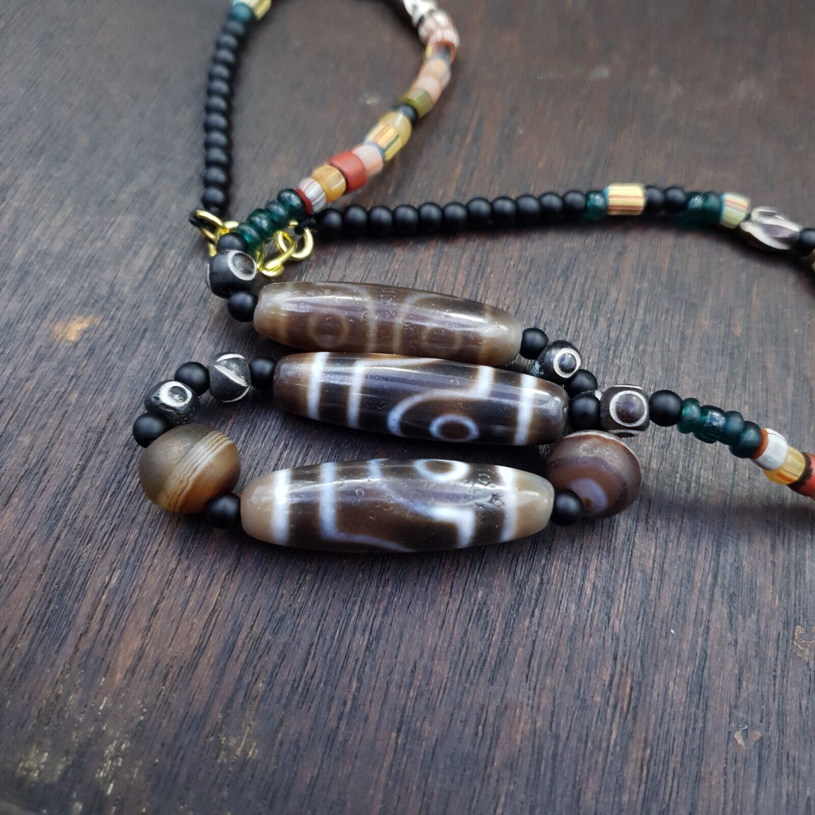 Antique Tibetan Nepalese Eyes Antique Agate Suleimani & Dzi Bead Amulet Necklace
