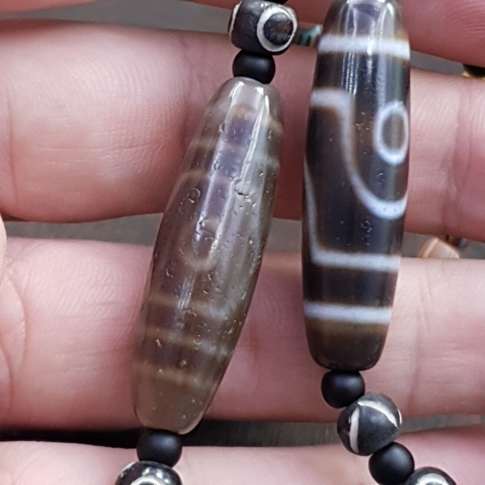Antique Tibetan Nepalese Eyes Antique Agate Suleimani & Dzi Bead Amulet Necklace