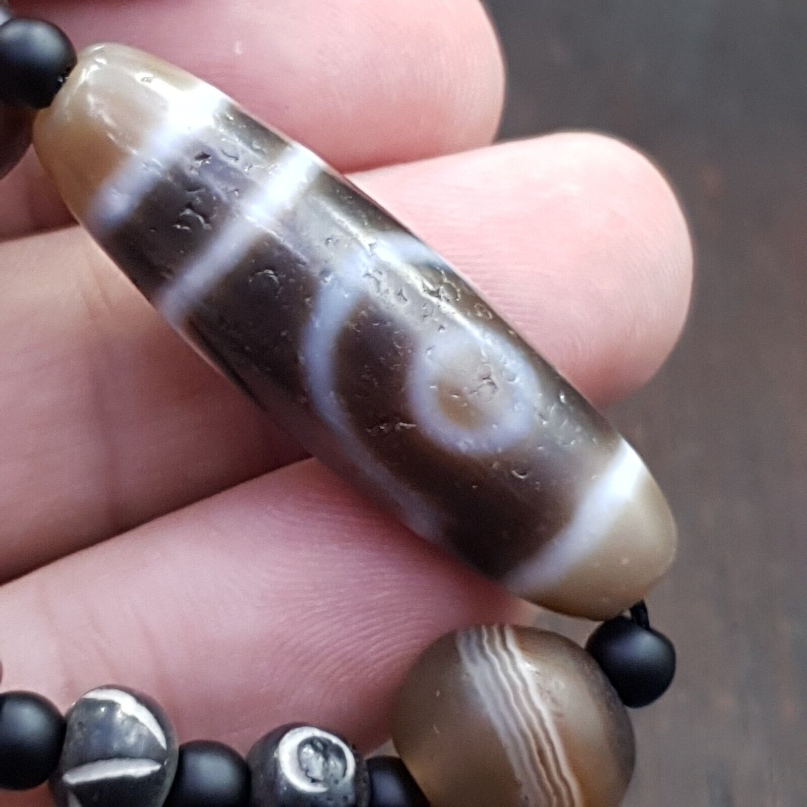 Antique Tibetan Nepalese Eyes Antique Agate Suleimani & Dzi Bead Amulet Necklace