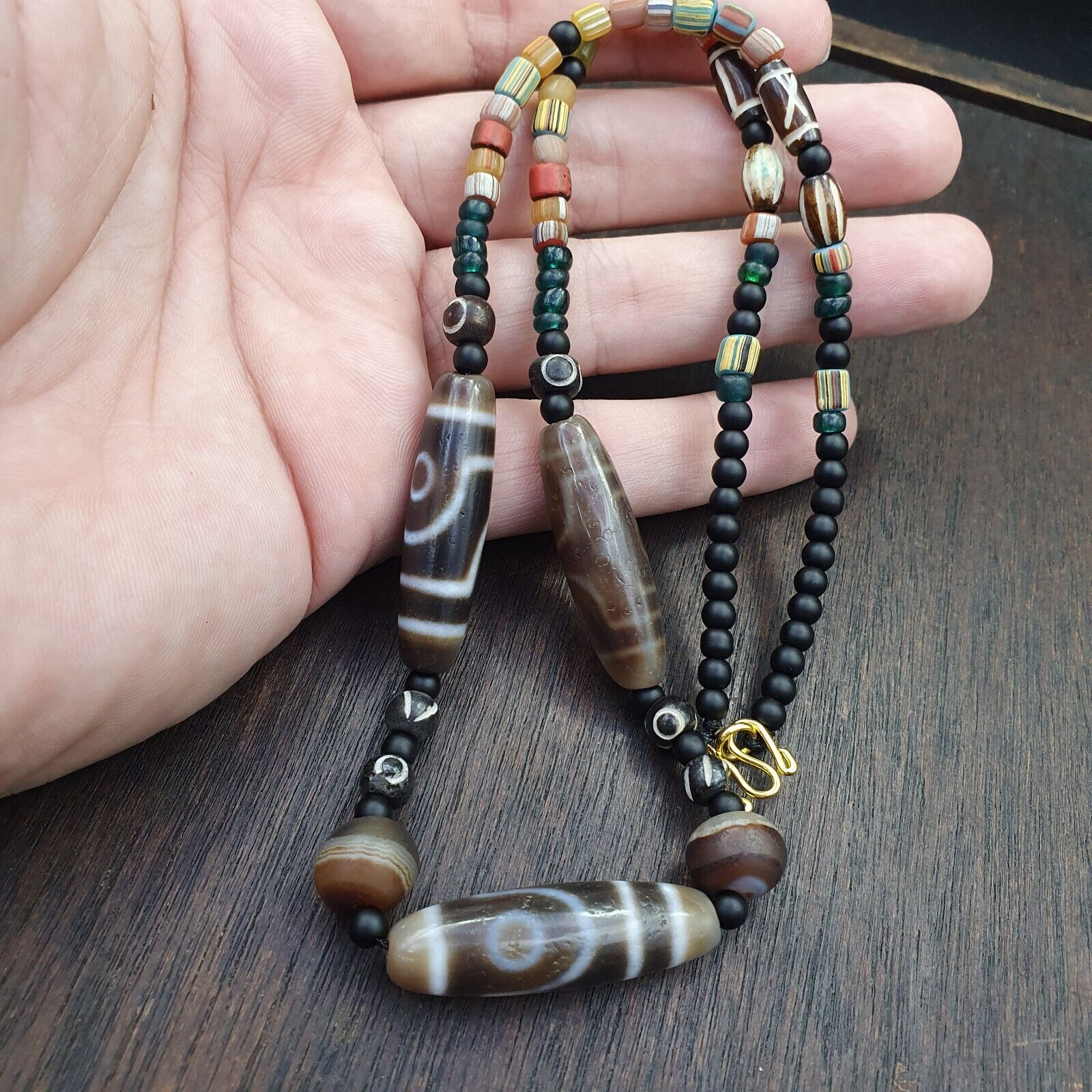 Antique Tibetan Nepalese Eyes Antique Agate Suleimani & Dzi Bead Amulet Necklace