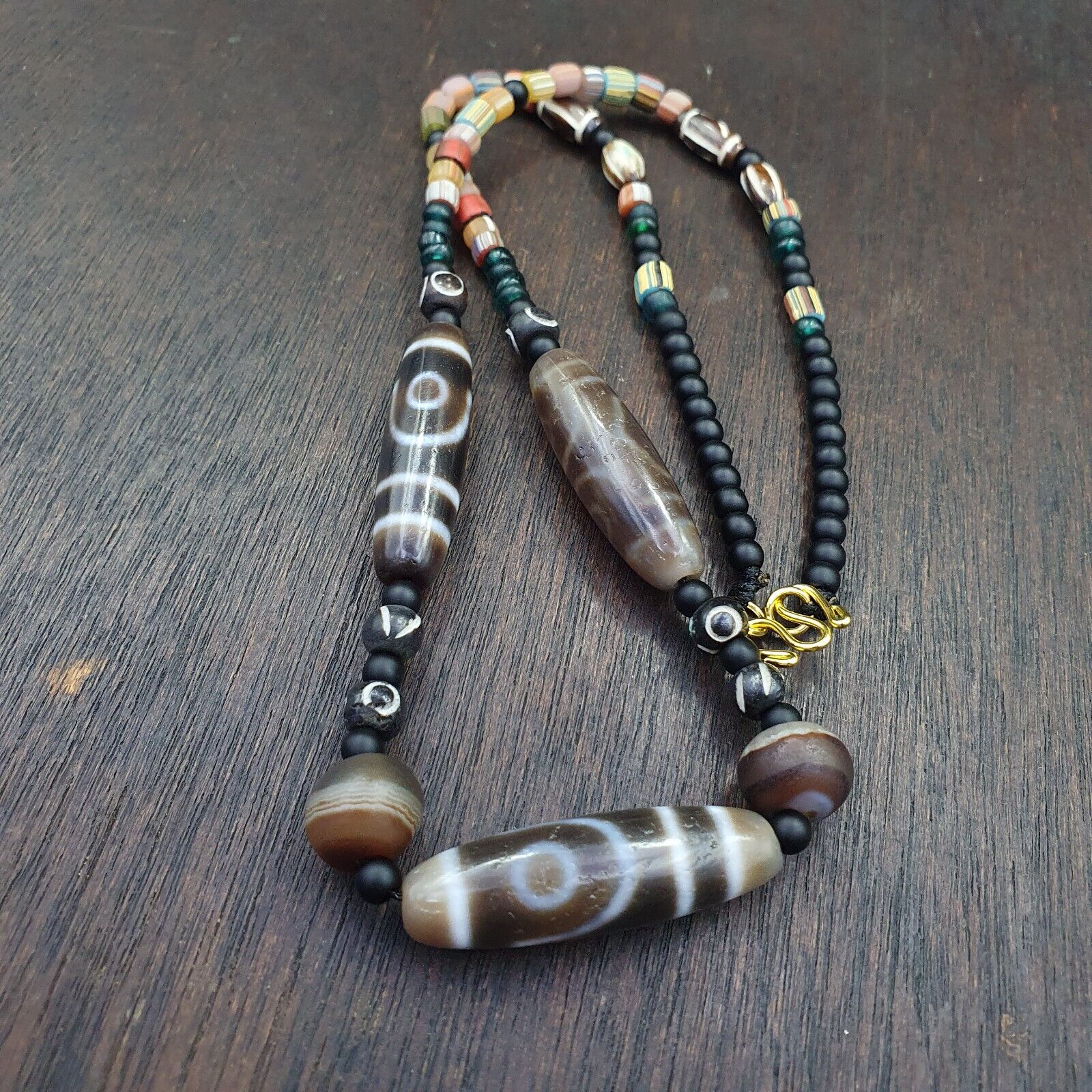 Antique Tibetan Nepalese Eyes Antique Agate Suleimani & Dzi Bead Amulet Necklace