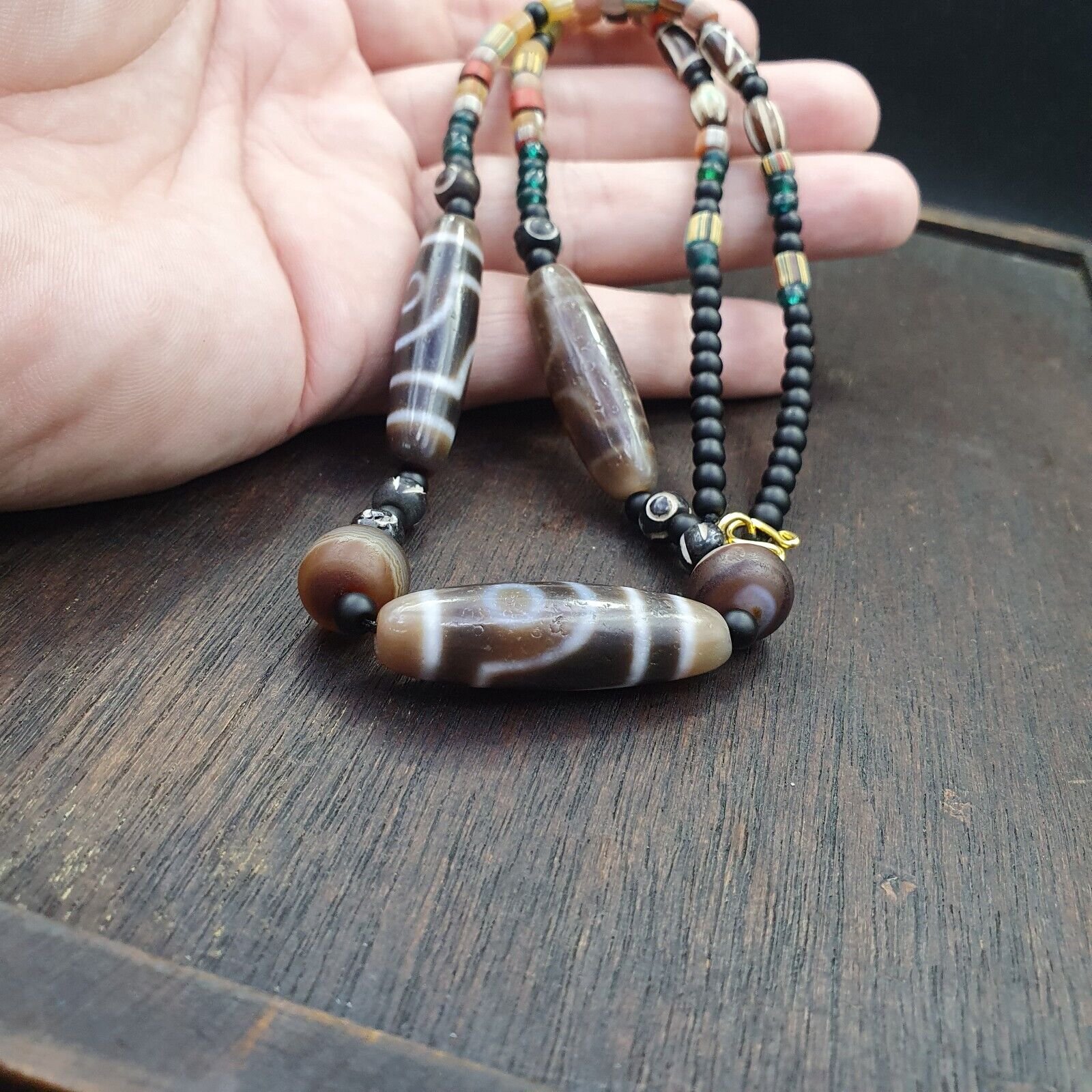 Antique Tibetan Nepalese Eyes Antique Agate Suleimani & Dzi Bead Amulet Necklace