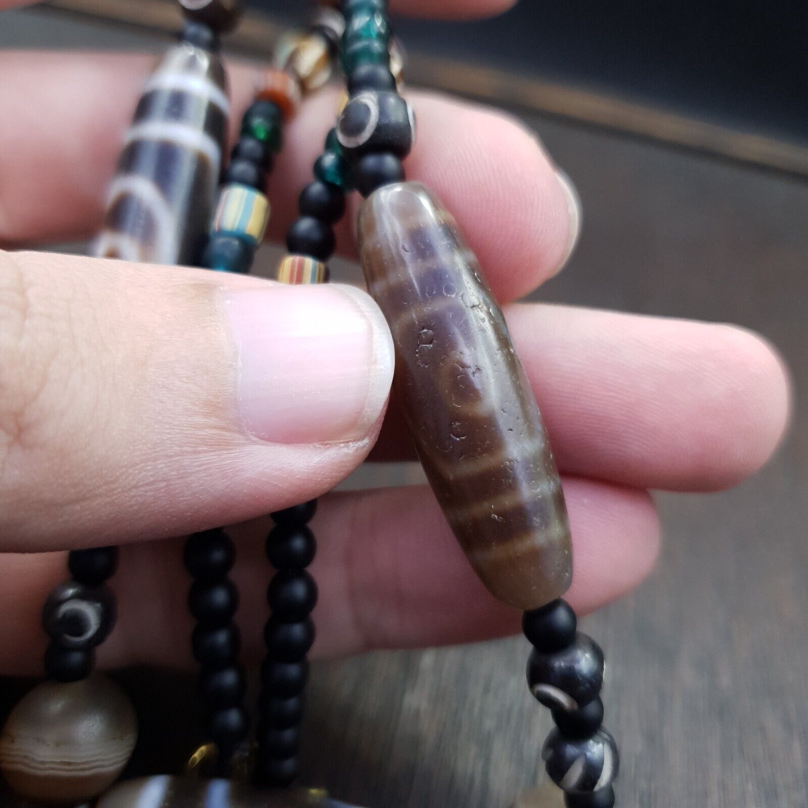 Antique Tibetan Nepalese Eyes Antique Agate Suleimani & Dzi Bead Amulet Necklace