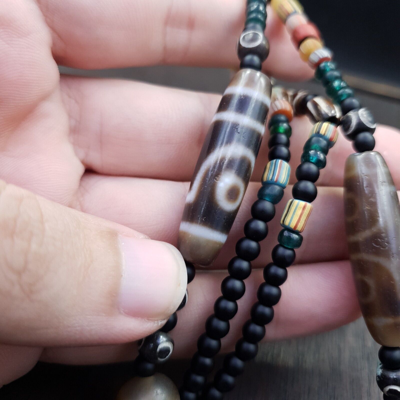 Antique Tibetan Nepalese Eyes Antique Agate Suleimani & Dzi Bead Amulet Necklace