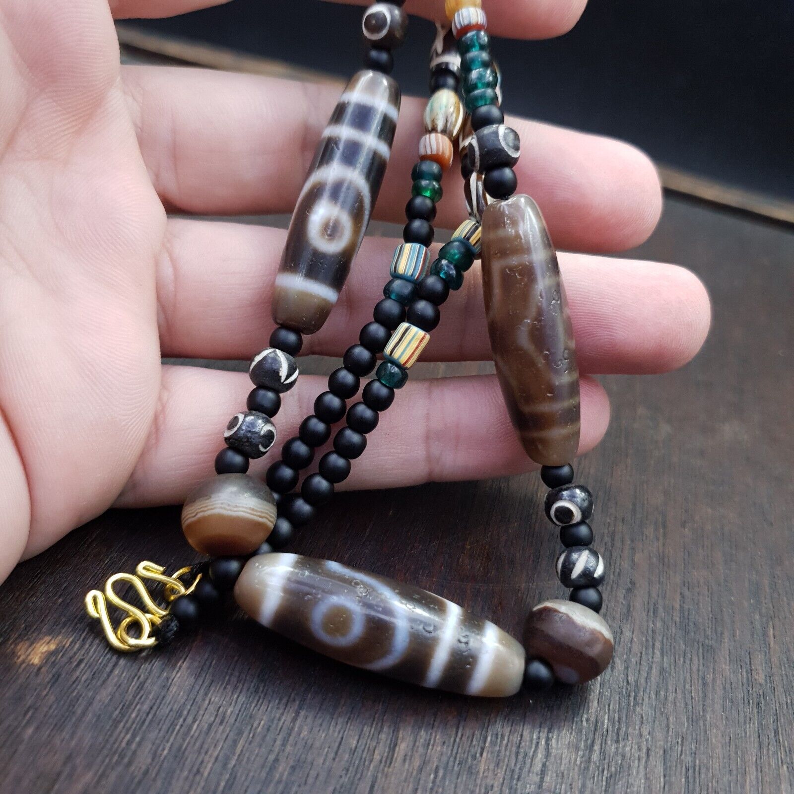 Antique Tibetan Nepalese Eyes Antique Agate Suleimani & Dzi Bead Amulet Necklace